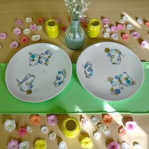 Pottery Barn Set 2 Butterfly 8" Diameter White Ceramic Dessert Salad Plates
